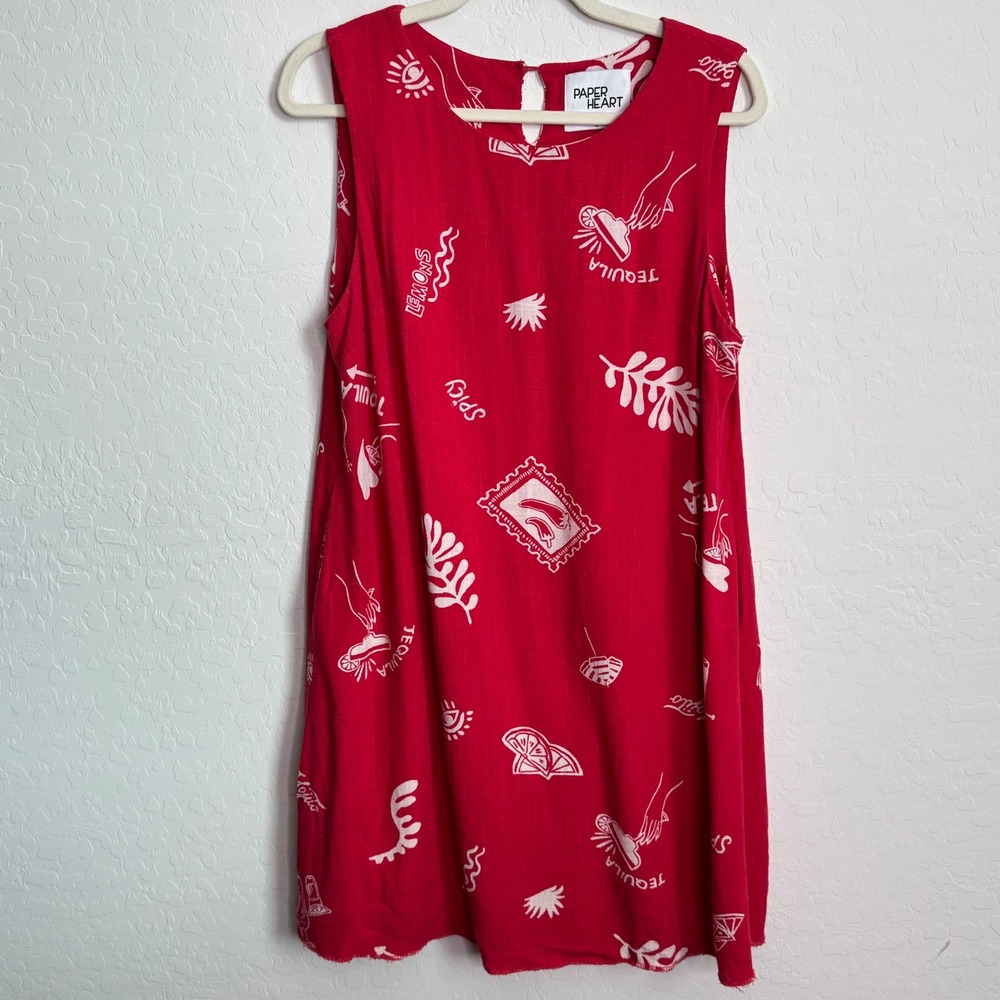 Paper Heart Women Linen Blend Dress L Red Tequila Lemon Graphic Shift Vacation